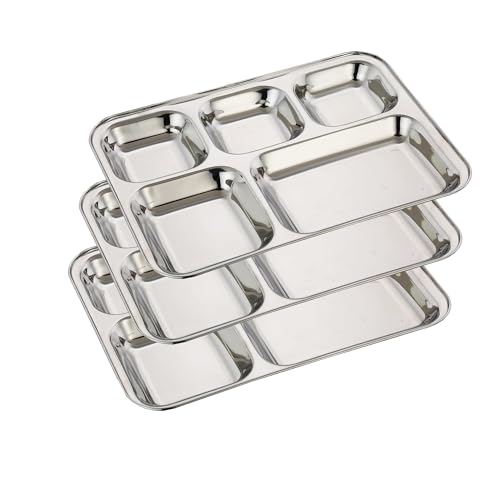 Image of Expresso - Heavy Duty Stainless Steel Rectangle /Square Deep Dinner Plate w /5 Sections Divided Mess Trays for Kids Lunch, Camping, Events & Every Day Use Kitchenware - Set of 3 Pcs