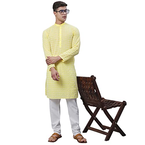 Sojanya (Since 1958 Men'S Pure Cotton Blue Kurta With White Embroidery And White Pyjama Set