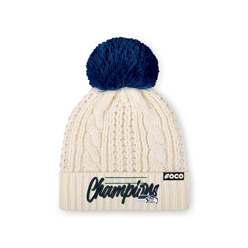 FOCO Seattle Seahawks NFL Super Bowl LX Champions Primary Logo White Cable Knit Pom Beanie