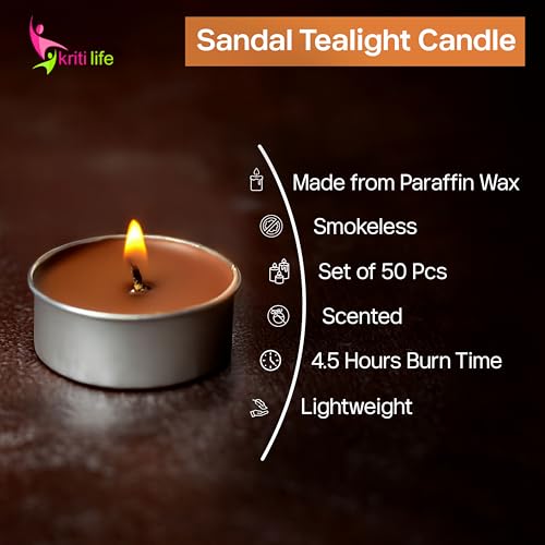 Image of Kriti Life Sandalwood Scented Tealight Candles - 100% Paraffin Wax, Smokeless, Long Burn Time (4.5 Hours), Dripless Brown Candles for Home Decor, Diwali, Weddings & Meditation - Set of 50