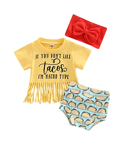 Newborn Baby Girl Short Outfit Letter Printed Tassel Hem Tops Shorts Clothes Bow-Knot Headband Set (Yellow , 6-12 Months )
