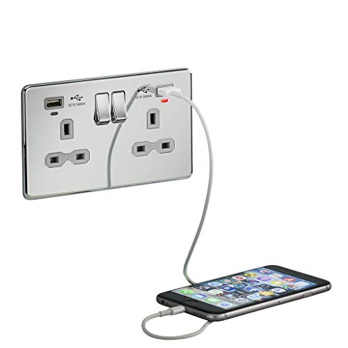 Prise double 13A chrome brossé Knightsbridge SFR9904NBCG avec double chargeur USB gris intégré