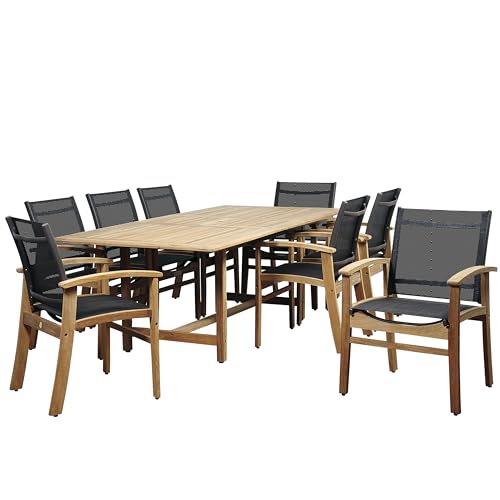 Amazonia Georgetown 9 Piece Teak Extendable Rectangular Dining Set with Black Sling Chairs