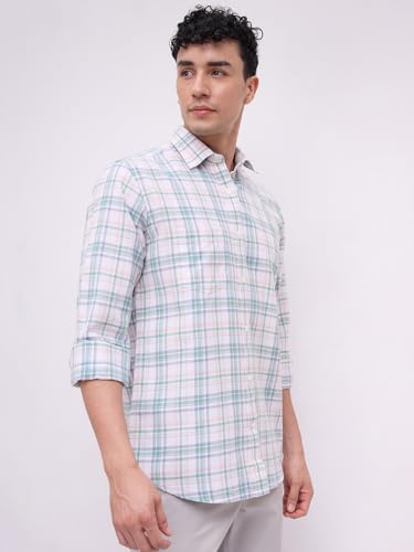 Image of Colorplus Men Regular Fit Checks Pattern Pure Cotton Plain Collar Full Sleeve Casual Shirt