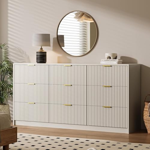 Image of MAISONARIA Beige 9 Drawer Dresser for Bedroom, 63 inch Wide Modern Fluted Dresser with Gold Metal Handles, Chest of Drawers for Bedroom, Living Room, Entryway, Hallway