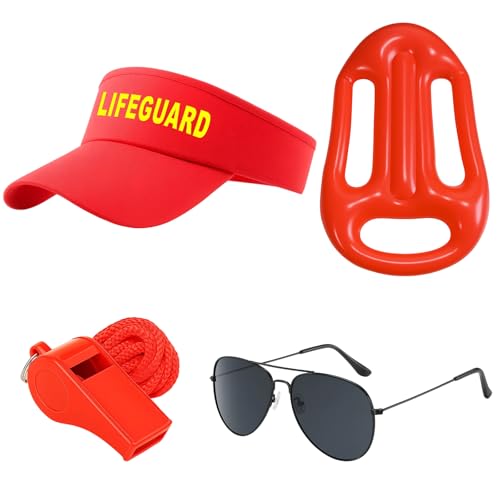 DvBCNMe Lifeguard Kostüm 4-teilig mit Hut Baywatch Kostüm Brille Pfeife und Surfbrett Herren Lustig für Strandparty und Karneval