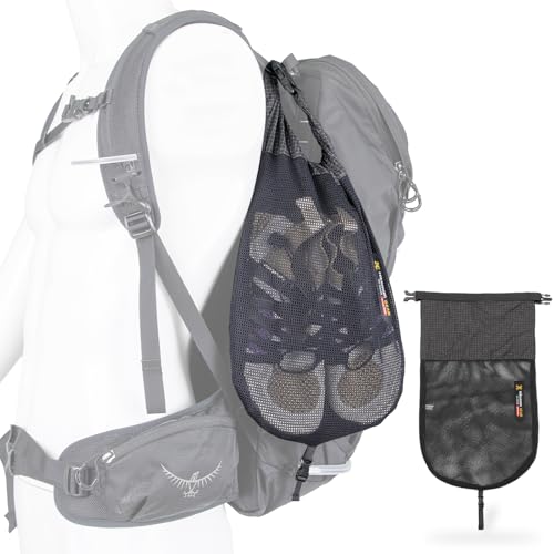 拡張収納ポーチ 登山用 シューズ収納 リュックを外付ける サブポーチ メッシュ 通気 軽量 シューズケース 登山ザック用 シューズバッグ キャンプ アウトドア ハイキング ジム ヨガ(ブラック, L)