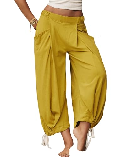 Women's Cotton Palazzo Pants with Pockets - Boho Casual Wide Leg Lounge Trousers, Elastic Waist Soft Baggy Pants