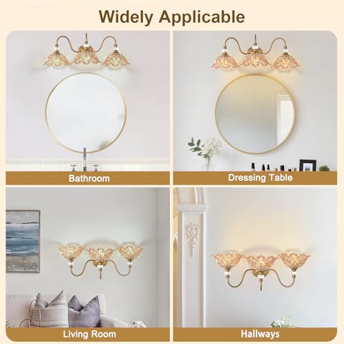 Image of Vintage Bathroom Vanity Light, 3-Light Matte Deep Brass Finish Vanity Light with Flower-Shaped Amber Glass Shades, Retro Wall Sconce for Bathroom