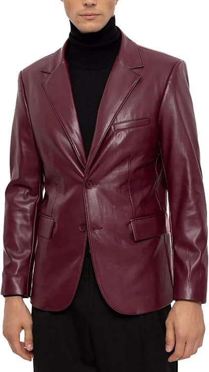 Men's Faux Leather Blazer, Burgundy, Two-Button Notch Lapel, Regular Fit, Smart Casual Style-image-4
