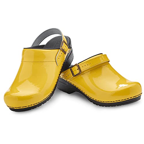Sanita Estelle Patent Leather Clogs For Women - Arch Support, Open-Back, Adjustable, Apma-Approved Slip-On Mules - Yellow, Womens 8.5-9 #TOP30