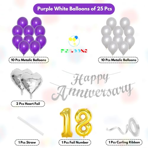 Image of Flyloons 18th Happy Anniversary Decoration Items Purple for Men Women Husband Wife Mom Dad Parent Couple Home Bedroom Car With 20 Pcs Metallic Balloons Anniversary Banner 2 Pcs Heart Set Kit