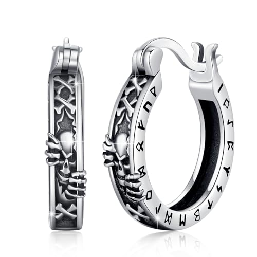Viking Earrings for Men 925 Sterling Silver Rune Loop Earrings Viking Jewelry Gifts for Men Christmas Birthday Father‘s Jewelry for Dad Husband Son Brother