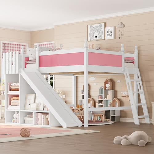 Image of Queen Size Loft Bed with Storage Shelves, Cabinet & Detachable Slide and Ladders, Solid Wood Kids Loft Bed for Space-Saving, Playful & Organized Bedroom (Light White+Pink1, Queen)