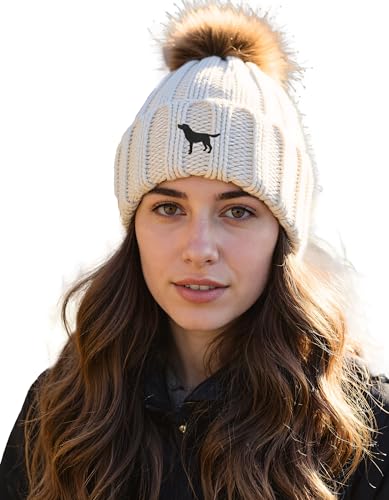 Labrador Gifts The House Of Dog: Black Labrador Retriever Owner Gift. Faux Fur Pom Pom Chunky Knit Super Soft Unisex Embroidered Beanie Oatmeal