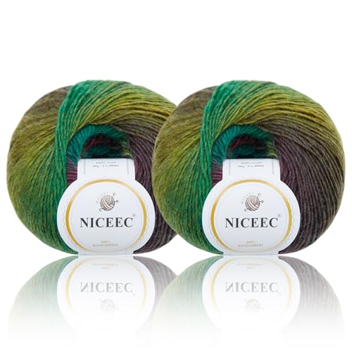 Image of NICEEC 2 Skeins Rainbow Soft Yarn 100% Wool Gradient Multi Color Yarn for Crocheting Knit Total Length 180mx2(196ydsx2,50gx2)-13#
