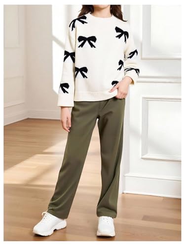 Image of BEAUDRM Girl's Cute Bow Sweater Crew Neck Long Sleeve Drop Shoulder Loose Pullover Tops