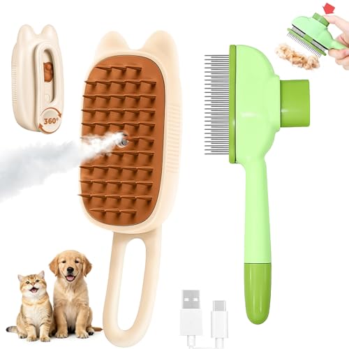 Cat Steam Brush for Shedding, 4 in 1 Rechargeable Steam Brush for Cats and Dogs, Anti-Static, Massage, flea comb for cats& Pet Removal Hair Glove,Shedding & Combing All In One!
