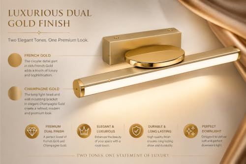 Image of FILLISKA Modern LED Picture /Dressing /Vanity /Bathroom /Mirror Light with 3 Step Light Mode & Adjustable Head (White,Warm White and Neutral White) (20 Watt Champagne Gold-9658)