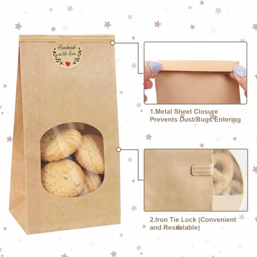 32 Stück Kleine Kekstüten Keksbeutel mit Fenster,18x9x5.5cm Braun Plätzchentüten mit Kraftpapier Tüten Aufkleberund und Verschlussclips für Gebäck, Süßigkeiten, Kekse Geschenktüte
