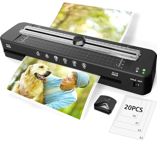 Laminiergerät A3, Raycial Laminiergerät mit 20 Laminierfolien für A3/A4/A5/A6, Heiß und Kalt Laminiergerät Set mit Papierschneider und Eckrunde für, A3 Laminiermaschine für Büro, Zuhause, Schule