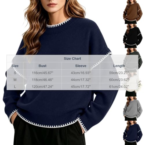 Women's Sweaters Contrast Stitch Crew Neck Knit Pullover Loose Fall Tops - image 4