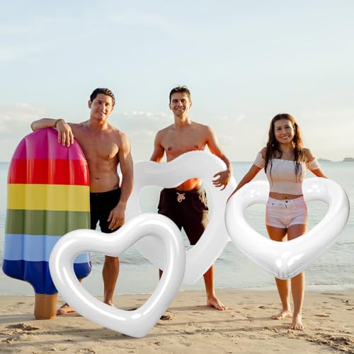 Leyndo 4 Pieces Inflatable Heart Pool Floats for Adults 47.3 x 39.4 Inch Heart Shaped Swim Ring Cute Tube Water Beach Party Pool Supplies for Summer Swimming Luau Party Birthday(White) by Leyndo - Used condition - Image 6