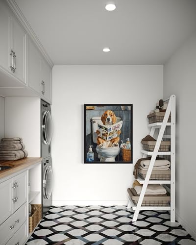 Image of Beagle on Toilet Black Framed Wall Art Print Poster, Dog Bathroom Humor Decor Posters Prints for Restroom Home Picture Painting Artwork Gallery 7 (Beagle, 10 inchL x 8 inchW, Black Frame)