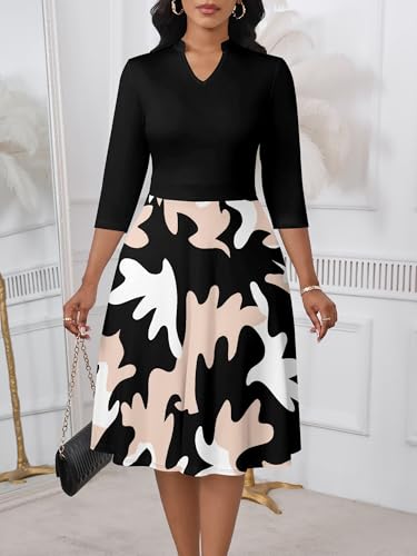 Image of PinkPatty Women's Casual A-line Midi Dresses 3 /4 Sleeve V Neck Fit and Flare Dress with Pockets