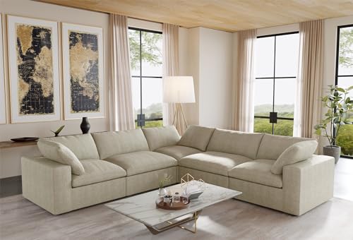 Image of JACH V-Shaped Sectional Couch, Deep 5-Seats Convertible Sectional Sofa, Cushion Covers Removable, Modern Modular Sofas for Living Room /Bedroom /Apartment (Khaki)