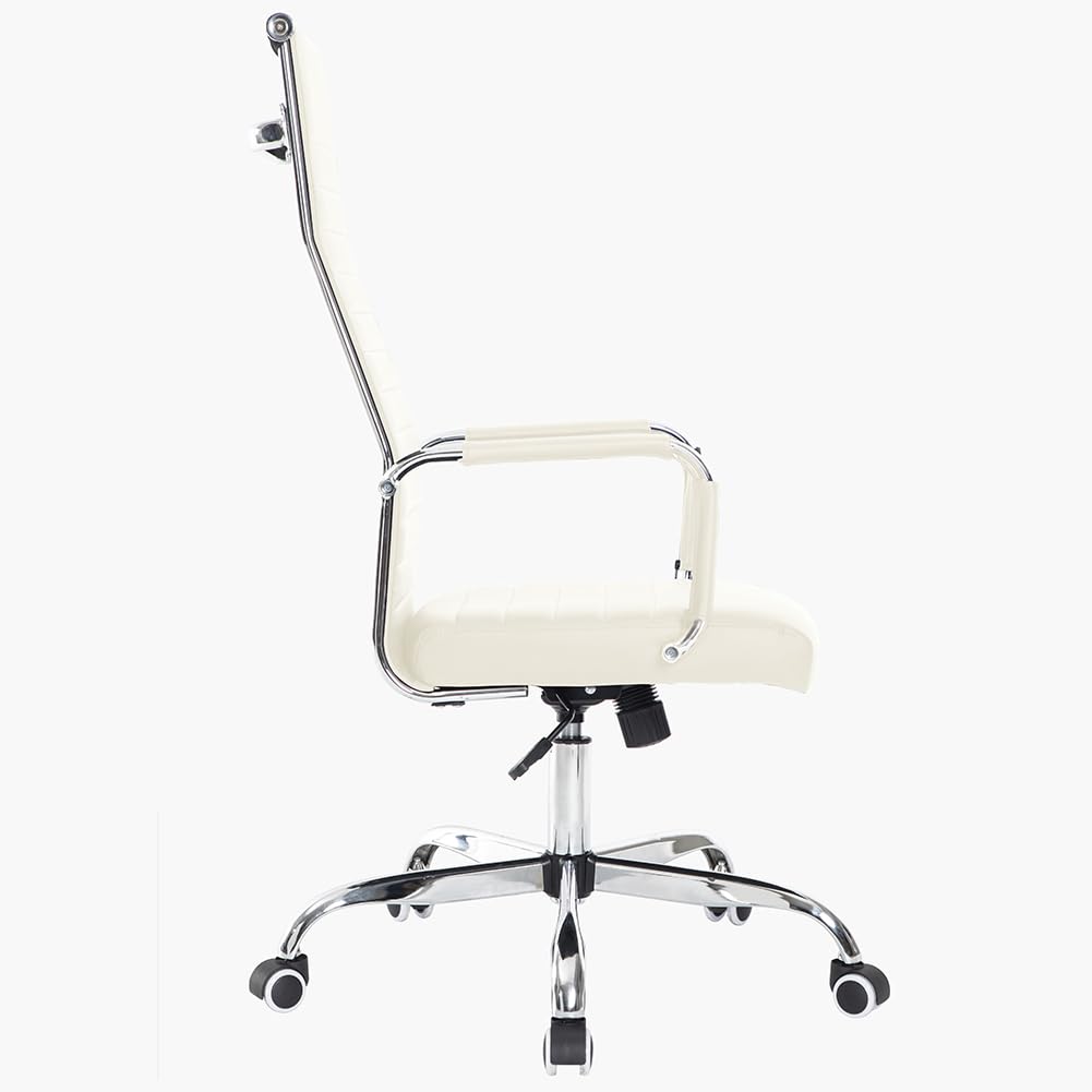 BAKAJI Silla de Oficina de Piel ergonómica con Respaldo Alto y Soporte Lumbar, sillón de Escritorio Giratorio con Altura Ajustable a Gas y Ruedas giratorias a 360°, Base de 64,5 cm cromada (Beige)