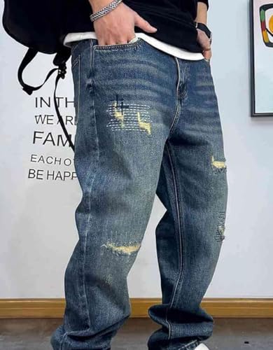 Men’S Vintage Hip Hop Ripped Straight Leg Pants Button Fly Midweight Distressed Washed Patched Casual Full Length Jeans3