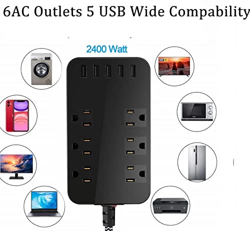 Wall Mount Surge Protector 1700J Power Strip 6 AC Multi Outlet Extender 5 USB Charging Port Black Flat Plug 6ft Extension Cord 10A 2500W Compact Plug Outlet Home Office Dorm Cruise Essentials Travel