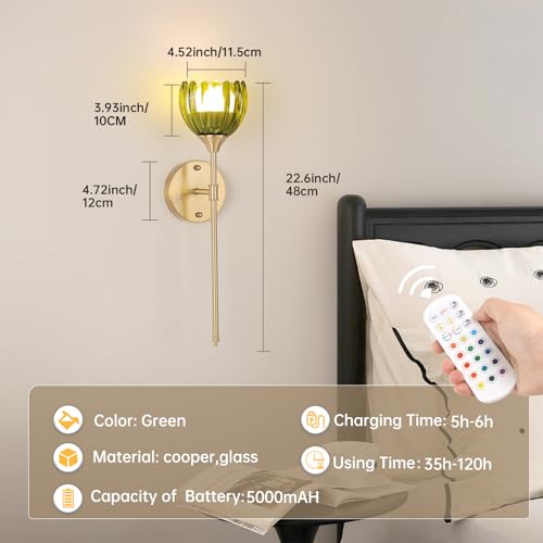 Image of Shenmoyl Battery Operated Wall Sconce Set of 2, Green Tulip Vintage Wall Light Fixture Rechargeable 5000mAh Battery Powered Wall Lamp with Remote for Living Room Bathroom
