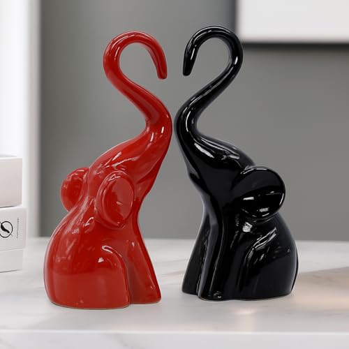 Image of CraftVatika Home Decor Elephant Couple Showpiece Statue for Good Luck Fengshui, Decorative Items Figurine for Home Decoration Living Room Bedroom Housewarming Wedding Gift (Set of 2, Red & Black)