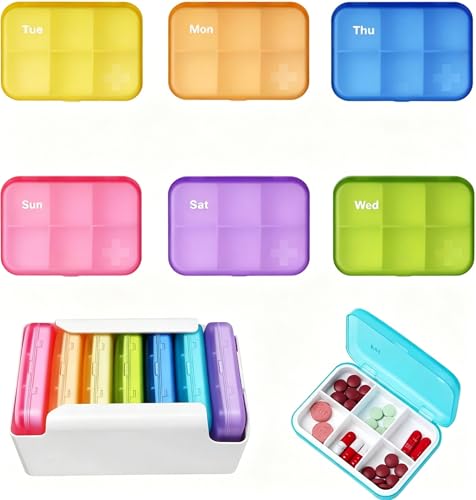 6 Times a Day 7 Piece Set Pill Organizer-Weekly Daily Travel Medicine Multicolored Organizer Portable 7 Day Pill Box with Moisture-Proof Pill Case Travel Pill Container for Vitamins Supplements