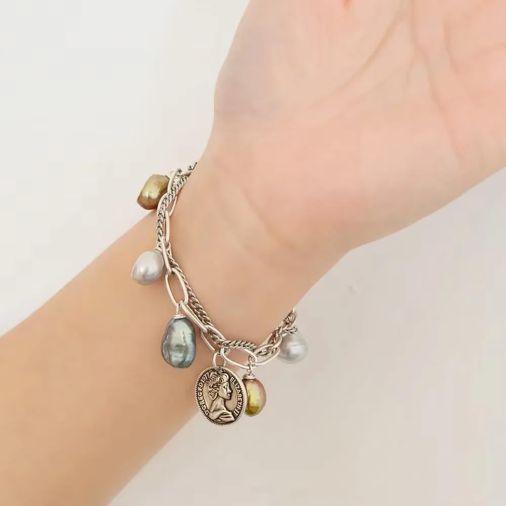 Vintage Style Freshwater Pearl Charm Bracelet, Silver Chain with Baroque Pearls, Multi-Color Natural Pearls, Queen Coin Pendant