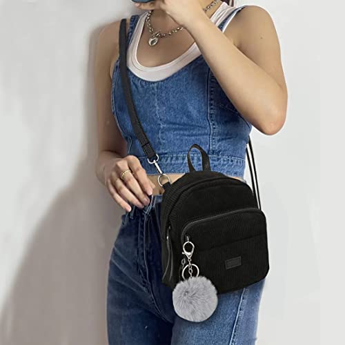 Sunwel Fashion Cute Mini Backpack 3 Way Carry Light-Weight Corduroy Casual Daypack Detachable Keyring Fur Pom Pom Ball For Women (Black) #TOP5
