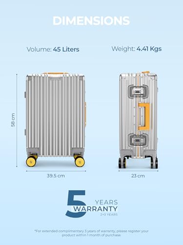 Image of EUME 100% Aluminium Cabin Trolley Bag Small for Travelling 50cm | Durable High-End 8 Silentrun 360 Degree Spinner Wheels | Premium Trolley Bag Small for Travel (Silver with Yellow Wheels)
