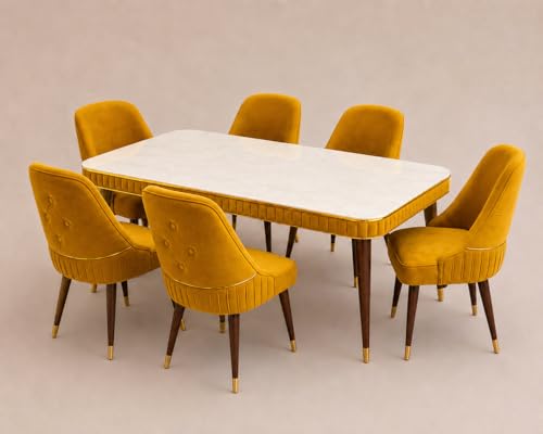 Image of WOODEN SPACE 6-Seater Wooden Dining Table Set | Nano Composite Marble Top | Solid Wood Base | Modern Dining Room Furniture with 6 Chairs (Yellow Grand Aura)