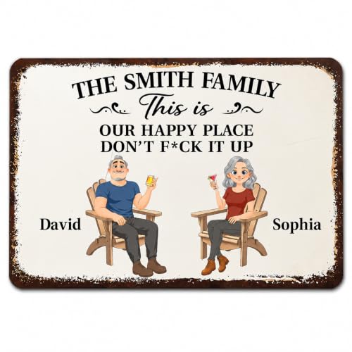 Wrappiness Personalized Couple Metal Sign - This Is Our Happy Place Funny Anniversary Decor Gift for Wife Husband Still Going Strong Custom Couple Metal Plaque Wall Art Decoration Indoor Outdoor