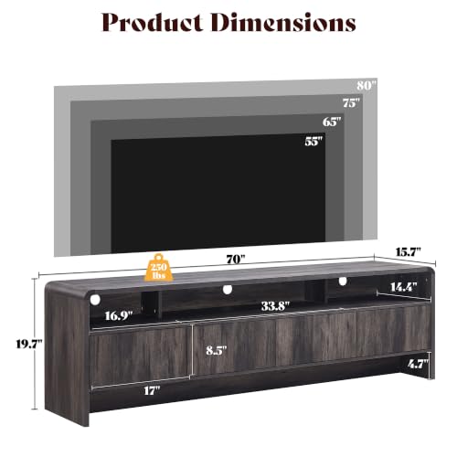 Image of AMERLIFE 70 inch Modern TV Stand for TVs Up to 80 inch, Wood TV Console with Curved Profile Design & 2 Storage Cabinets, Media Console Entertainment Center for Living Room, Black