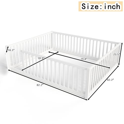 Image of Bellemave Queen Size Kids Montessori Floor Bed with Door,Solid Wood Floor Bed Frame with High Fence for Girls,Boys,White