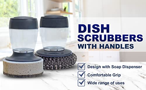 Dish Scrubber With Soap Dispenser - Set Of 2-1 Palm Sponge With Soap Dispenser Handle And 1 Palm Stainless Steel Scrubber With Handle - Dish Washing Scrubbers For Easier Cleaning #TOP4
