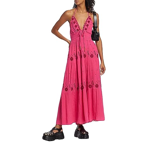 Image of Women's Backless Tie Up Beach Dress Halter Neck Ruffle Plunge V Neck Maxi Boho Flowy Tiered Swing A Line Long Dress (Pink, M)