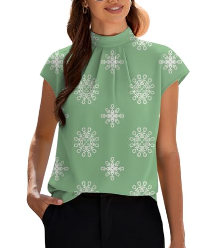 Image of Funlingo Womens Summer Tops Mock Neck Short Cap Sleeve Blouses Business Casual Work Chiffon Shirts Front Pleated Tunic Top