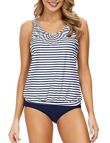JASAMBAC Tankini-Badeanzüge für Damen, Retro-Stil, gestreift, geometrisch, bedruckt, zweiteilig - Blau - Groß Cover