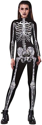 Women Halloween Skeleton Costume Stretch Skinny Catsuit Jumpsuit Bodysuit