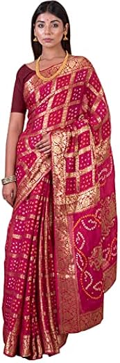 KISHORI Women's Tie-Dye Bandhani and Weave Banarasi Saree and Blouse Fabric (Rani)