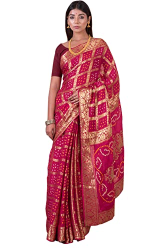 KISHORI Women's Tie-Dye Bandhani and Weave Banarasi Saree and Blouse Fabric (Rani)